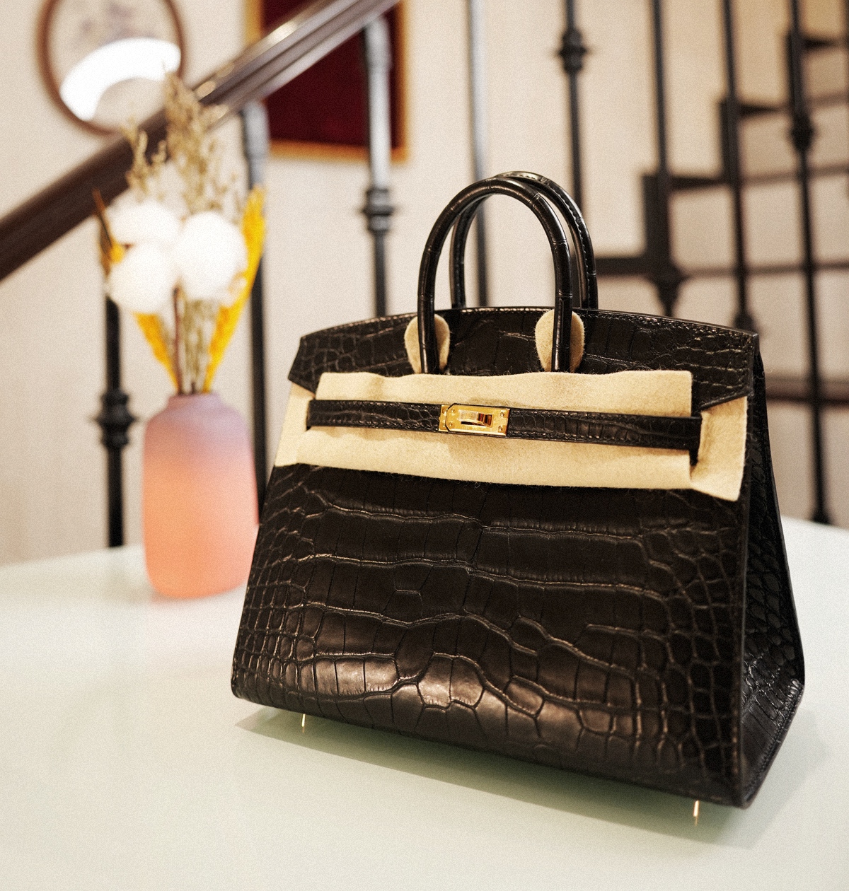 BIRKIN 20 CC89-黑色金扣霧面鱷魚方塊皮